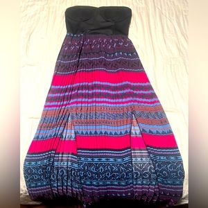 Strapless Maxi dress. aztec design in skirt with double slit